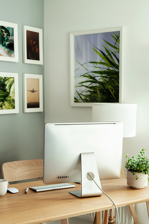 professional and tidy desk setup with various framed botanical images